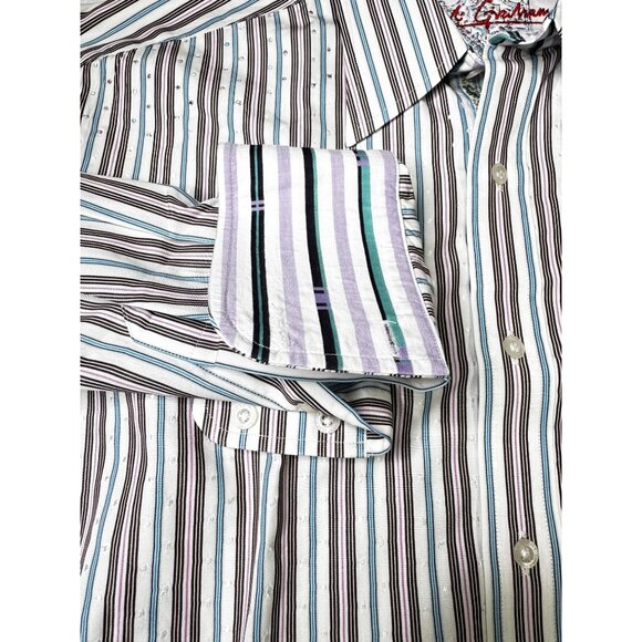 Robert Graham Men's Shirt 2XL Flip Cuff Striped Embroidered Turquoise - Picture 16 of 16